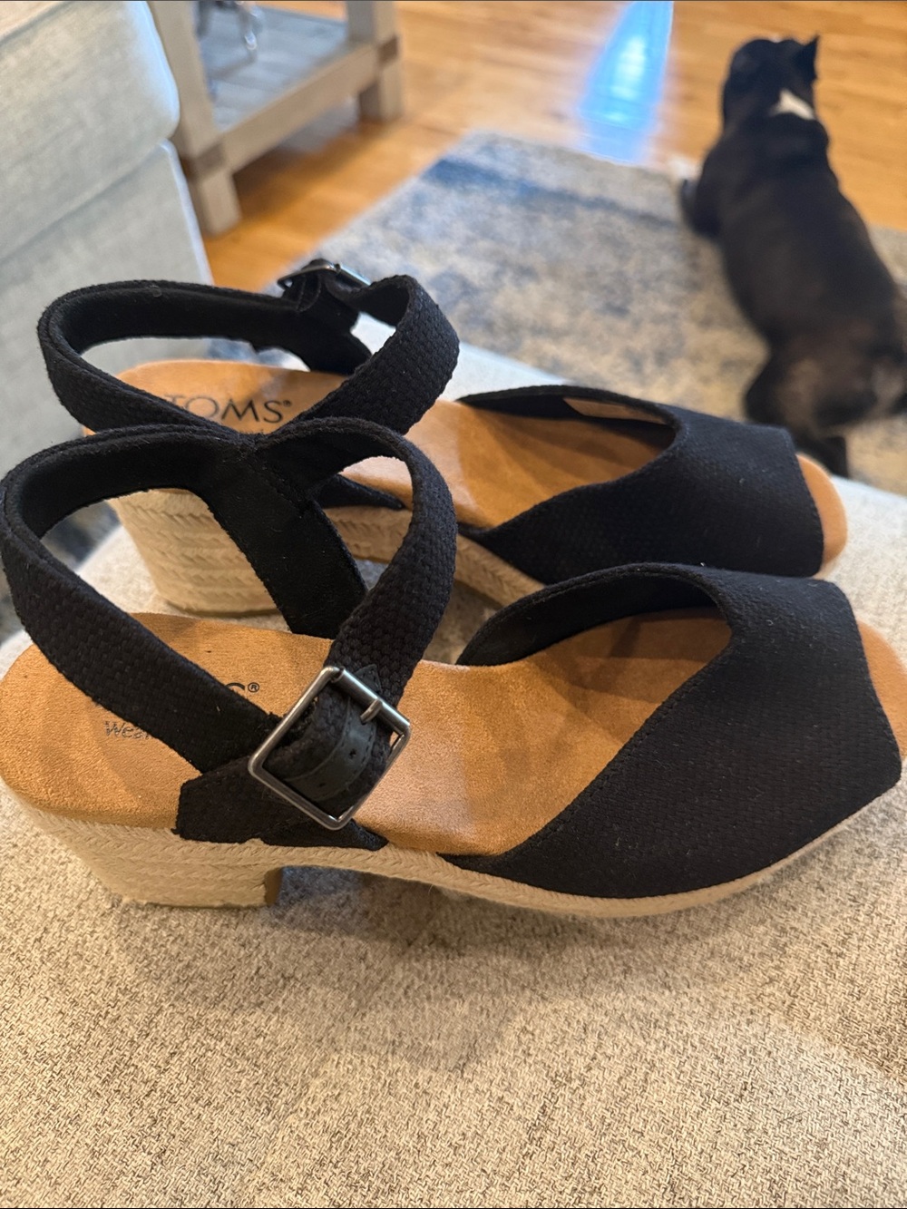 TOMS Black Espadrille Wedge Sandals with Ankle Strap